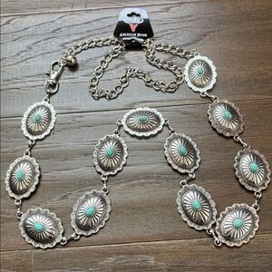 American Bison Western Chain Belt,oval silver tone conchos,faux turquoise stones